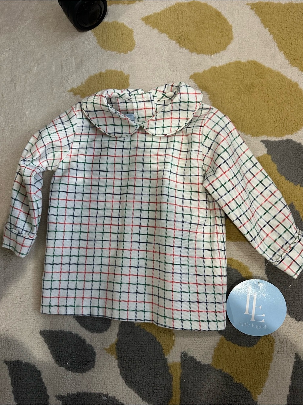 Little English 6 month White Plaid Peter Pan Collar Top with Red & Green Lines